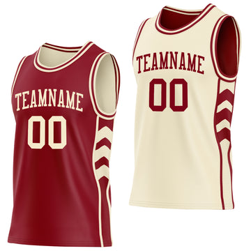 Custom Maroon-Cream Side Panel Geometric Chevron Reversible Double Side Sublimation Basketball Set Jersey