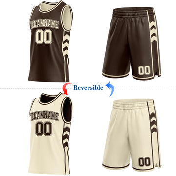 Custom Brown-Cream Side Panel Geometric Chevron Reversible Double Side Sublimation Basketball Set Jersey