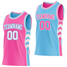 Загрузить изображение в средство просмотра галереи, Custom Pink White-Sky Blue Side Panel Geometric Chevron Reversible Double Side Sublimation Basketball Set Jersey
