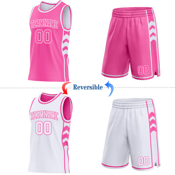 Custom Pink-White Side Panel Geometric Chevron Reversible Double Side Sublimation Basketball Set Jersey