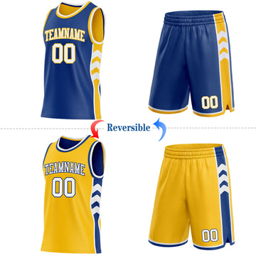 Custom Royal White-Gold Side Panel Geometric Chevron Reversible Double Side Sublimation Basketball Set Jersey