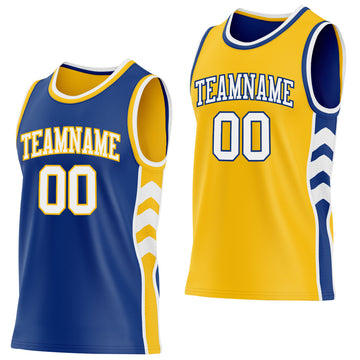 Custom Royal White-Gold Side Panel Geometric Chevron Reversible Double Side Sublimation Basketball Set Jersey