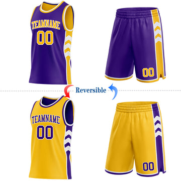 Custom Purple Gold-White Side Panel Geometric Chevron Reversible Double Side Sublimation Basketball Set Jersey