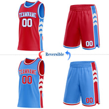 Laden Sie das Bild in den Galerie-Viewer, Custom Red White-Powder Blue Side Panel Geometric Chevron Reversible Double Side Sublimation Basketball Set Jersey
