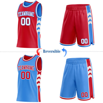 Custom Red White-Powder Blue Side Panel Geometric Chevron Reversible Double Side Sublimation Basketball Set Jersey