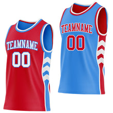 Laden Sie das Bild in den Galerie-Viewer, Custom Red White-Powder Blue Side Panel Geometric Chevron Reversible Double Side Sublimation Basketball Set Jersey
