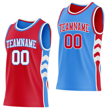 Custom Red White-Powder Blue Side Panel Geometric Chevron Reversible Double Side Sublimation Basketball Set Jersey