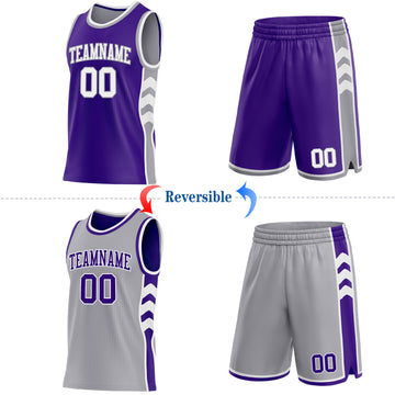 Custom Purple White-Gray Side Panel Geometric Chevron Reversible Double Side Sublimation Basketball Set Jersey