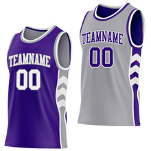 Laden Sie das Bild in den Galerie-Viewer, Custom Purple White-Gray Side Panel Geometric Chevron Reversible Double Side Sublimation Basketball Set Jersey
