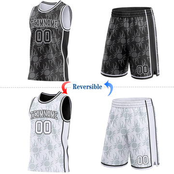 Custom Black-White Side Panel Stripe Sun Flame Reversible Double Side Sublimation Basketball Set Jersey