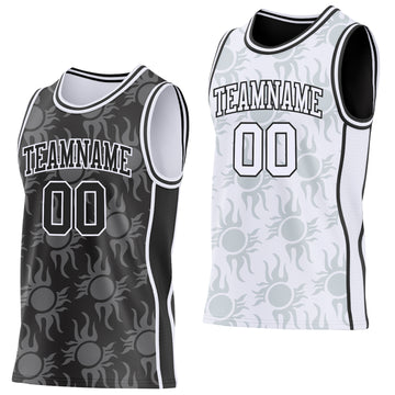 Custom Black-White Side Panel Stripe Sun Flame Reversible Double Side Sublimation Basketball Set Jersey