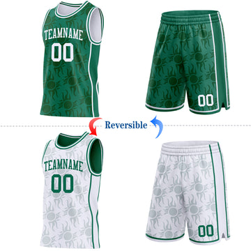 Custom Kelly Green-White Side Panel Stripe Sun Flame Reversible Double Side Sublimation Basketball Set Jersey