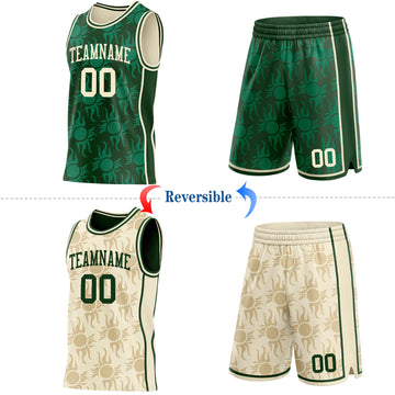 Custom Green-Cream Side Panel Stripe Sun Flame Reversible Double Side Sublimation Basketball Set Jersey