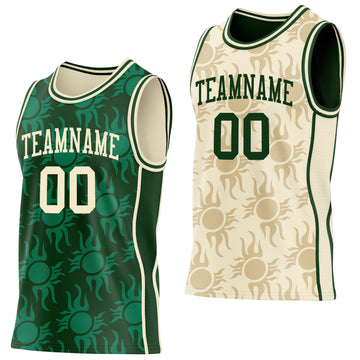 Custom Green-Cream Side Panel Stripe Sun Flame Reversible Double Side Sublimation Basketball Set Jersey