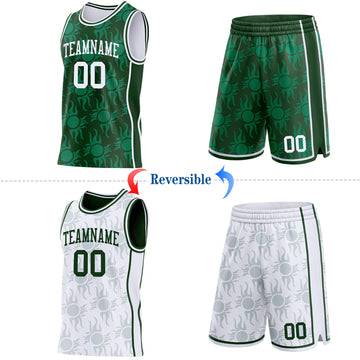 Custom Green-White Side Panel Stripe Sun Flame Reversible Double Side Sublimation Basketball Set Jersey