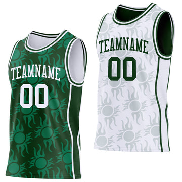 Custom Green-White Side Panel Stripe Sun Flame Reversible Double Side Sublimation Basketball Set Jersey