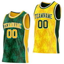 Charger l'image dans la galerie, Custom Green Gold-White Side Panel Stripe Sun Flame Reversible Double Side Sublimation Basketball Set Jersey
