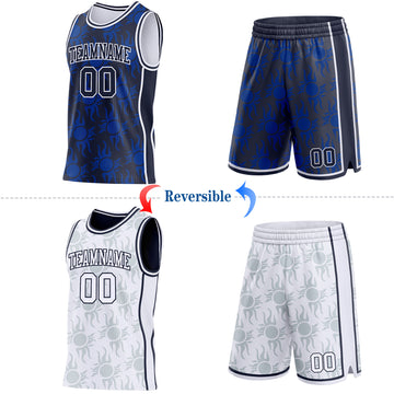 Custom Navy-White Side Panel Stripe Sun Flame Reversible Double Side Sublimation Basketball Set Jersey