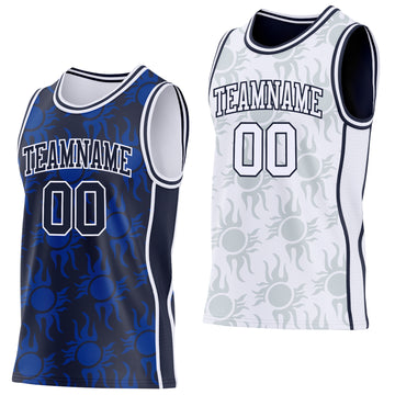 Custom Navy-White Side Panel Stripe Sun Flame Reversible Double Side Sublimation Basketball Set Jersey