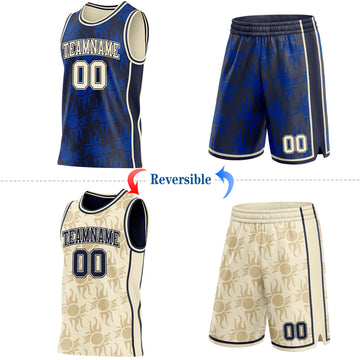Custom Navy-Cream Side Panel Stripe Sun Flame Reversible Double Side Sublimation Basketball Set Jersey