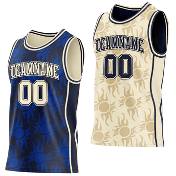 Custom Navy-Cream Side Panel Stripe Sun Flame Reversible Double Side Sublimation Basketball Set Jersey