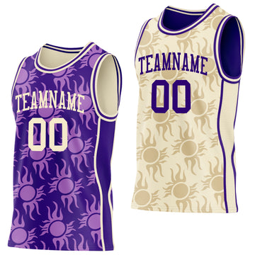 Custom Purple-Cream Side Panel Stripe Sun Flame Reversible Double Side Sublimation Basketball Set Jersey