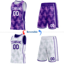 Laden Sie das Bild in den Galerie-Viewer, Custom Purple-White Side Panel Stripe Sun Flame Reversible Double Side Sublimation Basketball Set Jersey
