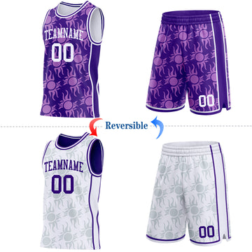 Custom Purple-White Side Panel Stripe Sun Flame Reversible Double Side Sublimation Basketball Set Jersey