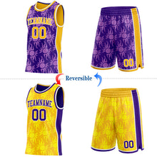 Load image into Gallery viewer, Custom Purple Gold-White Side Panel Stripe Sun Flame Reversible Double Side Sublimation Basketball Set Jersey
