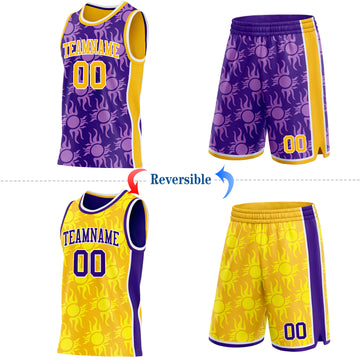 Custom Purple Gold-White Side Panel Stripe Sun Flame Reversible Double Side Sublimation Basketball Set Jersey