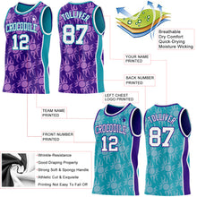 Laden Sie das Bild in den Galerie-Viewer, Custom Purple White-Teal Side Panel Stripe Sun Flame Reversible Double Side Sublimation Basketball Set Jersey
