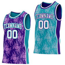 Laden Sie das Bild in den Galerie-Viewer, Custom Purple White-Teal Side Panel Stripe Sun Flame Reversible Double Side Sublimation Basketball Set Jersey
