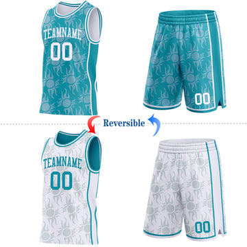 Custom Teal-White Side Panel Stripe Sun Flame Reversible Double Side Sublimation Basketball Set Jersey