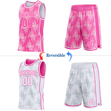 Custom Pink-White Side Panel Stripe Sun Flame Reversible Double Side Sublimation Basketball Set Jersey