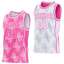 Laden Sie das Bild in den Galerie-Viewer, Custom Pink-White Side Panel Stripe Sun Flame Reversible Double Side Sublimation Basketball Set Jersey
