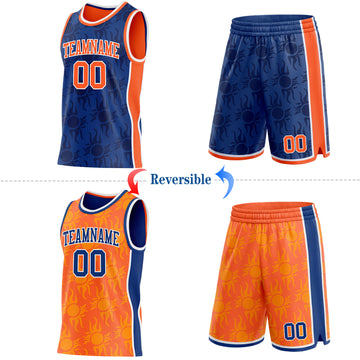 Custom Royal Orange-White Side Panel Stripe Sun Flame Reversible Double Side Sublimation Basketball Set Jersey