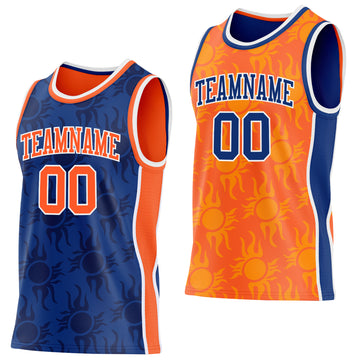 Custom Royal Orange-White Side Panel Stripe Sun Flame Reversible Double Side Sublimation Basketball Set Jersey