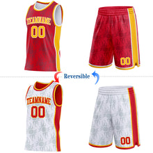 Laden Sie das Bild in den Galerie-Viewer, Custom Red Gold-White Side Panel Stripe Sun Flame Reversible Double Side Sublimation Basketball Set Jersey
