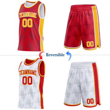 Custom Red Gold-White Side Panel Stripe Sun Flame Reversible Double Side Sublimation Basketball Set Jersey