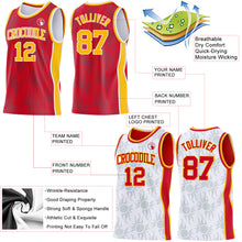 Laden Sie das Bild in den Galerie-Viewer, Custom Red Gold-White Side Panel Stripe Sun Flame Reversible Double Side Sublimation Basketball Set Jersey
