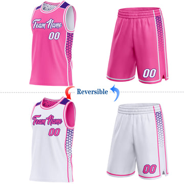Custom Pink White-Purple Side Panel Stripe Geometric Triangle Gradient Dot Reversible Double Side Sublimation Basketball Set Jersey