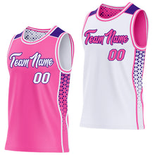 Charger l'image dans la galerie, Custom Pink White-Purple Side Panel Stripe Geometric Triangle Gradient Dot Reversible Double Side Sublimation Basketball Set Jersey

