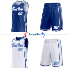 Загрузить изображение в средство просмотра галереи, Custom Royal White-Light Blue Side Panel Stripe Geometric Triangle Gradient Dot Reversible Double Side Sublimation Basketball Set Jersey
