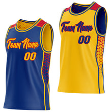 Laden Sie das Bild in den Galerie-Viewer, Custom Royal Gold-Red Side Panel Stripe Geometric Triangle Gradient Dot Reversible Double Side Sublimation Basketball Set Jersey
