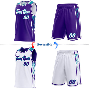 Custom Purple White-Teal Side Panel Stripe Geometric Triangle Gradient Dot Reversible Double Side Sublimation Basketball Set Jersey