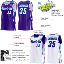 Charger l'image dans la galerie, Custom Purple White-Teal Side Panel Stripe Geometric Triangle Gradient Dot Reversible Double Side Sublimation Basketball Set Jersey
