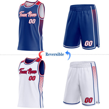 Custom Royal White-Red Side Panel Stripe Geometric Triangle Gradient Dot Reversible Double Side Sublimation Basketball Set Jersey