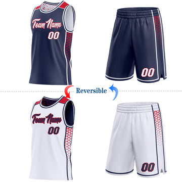 Custom Navy White-Red Side Panel Stripe Geometric Triangle Gradient Dot Reversible Double Side Sublimation Basketball Set Jersey