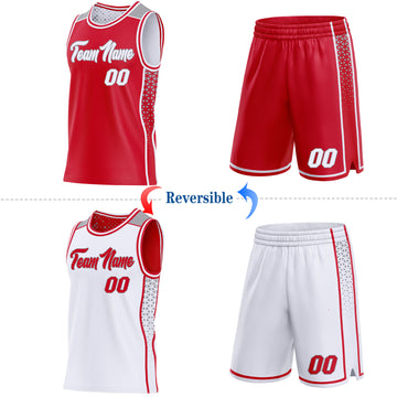 Custom Red White-Gray Side Panel Stripe Geometric Triangle Gradient Dot Reversible Double Side Sublimation Basketball Set Jersey