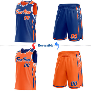 Custom Royal Orange-White Side Panel Stripe Geometric Triangle Gradient Dot Reversible Double Side Sublimation Basketball Set Jersey